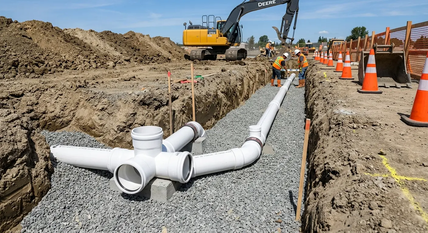 New PVC sewer pipe installation in open trench for Commercial Drain Cleaning in Waukee