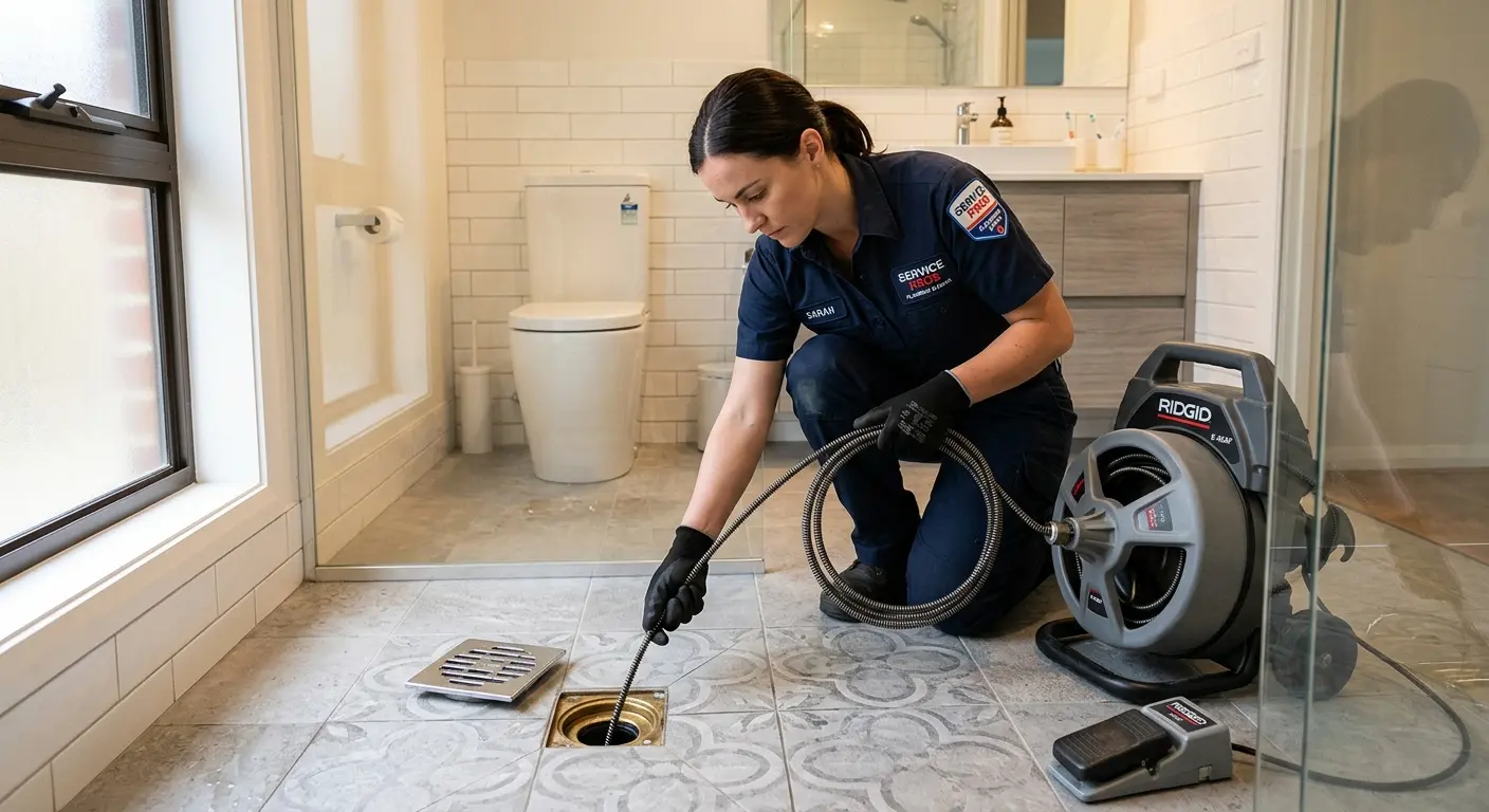 Technician clearing a bathroom floor drain for Hydro Jetting in Waukee
